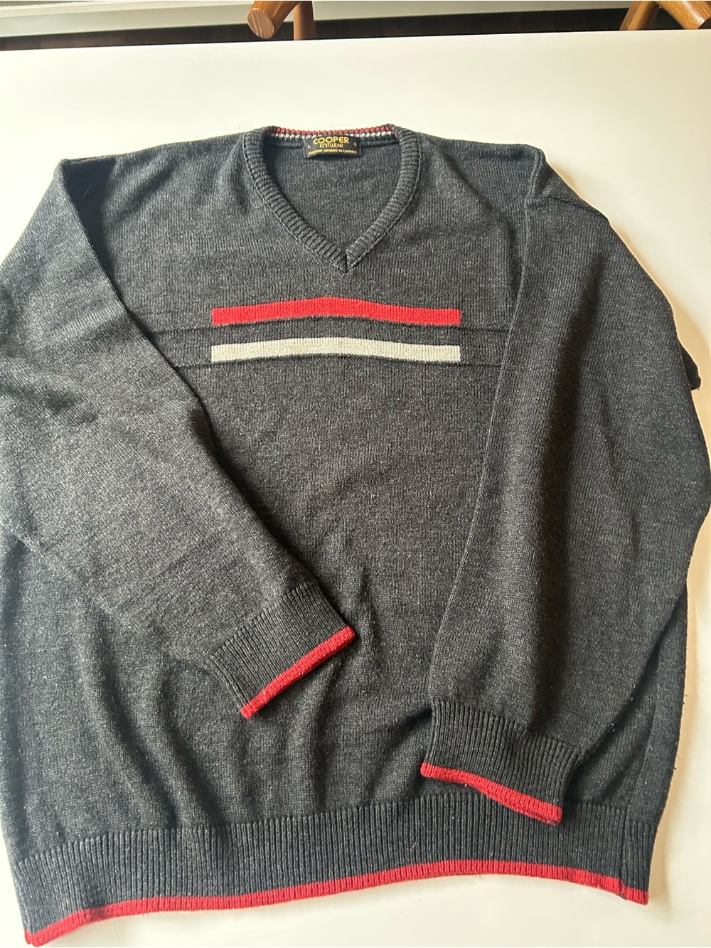 Men's Charcoal V-Neck Sweater with Red & Gray Stripe
